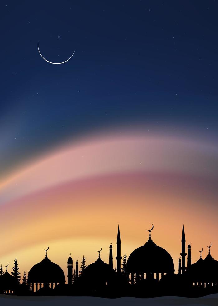 Ramadan Night with Crescent moon on dark blue sky background,Vector Vertical banner Dramtic Suset with Twilight dusk sky,Islamic religion for Ramadan Kareem celebration, Eid al-Adha,Eid Mubarak vector