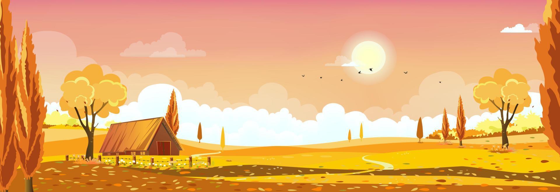 otoño paisaje fondo,campo con puesta de sol cielo hermoso medio otoño granja campo, montaña, hierba tierra en naranja follaje que cae desde arboles en amarillo cielo.horizonte bandera paisaje en otoño temporada vector