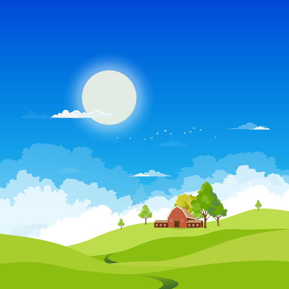 Spring green fields landscape with mountain,blue sky and cloudy background,Panorama peaceful rural natural in springtime with green grass land. Cartoon vector illustration for spring and summer banner