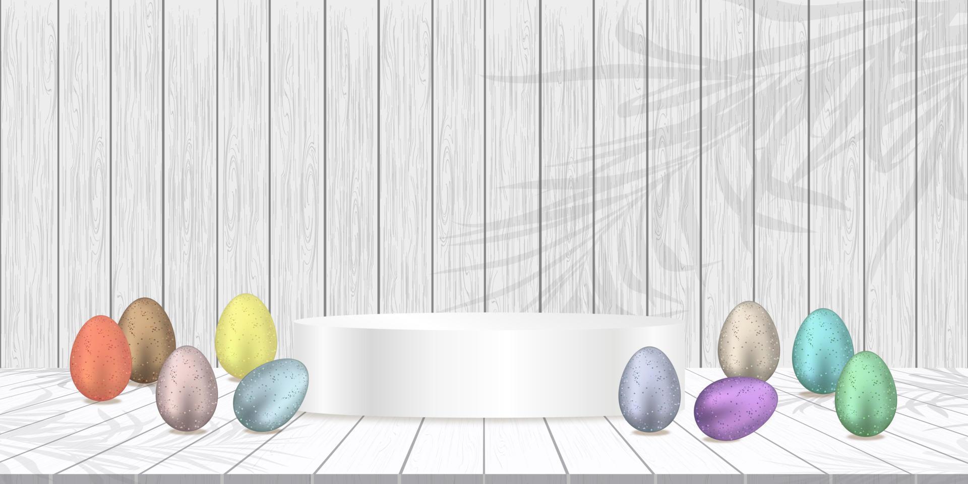 Happy Easter Background Banner Studio Room Table Top,Product Display with Copy Space.Traditional Easter Eggs with 3d Podium on White Wood Texture floor,Concept for Promotion on Easter Day vector