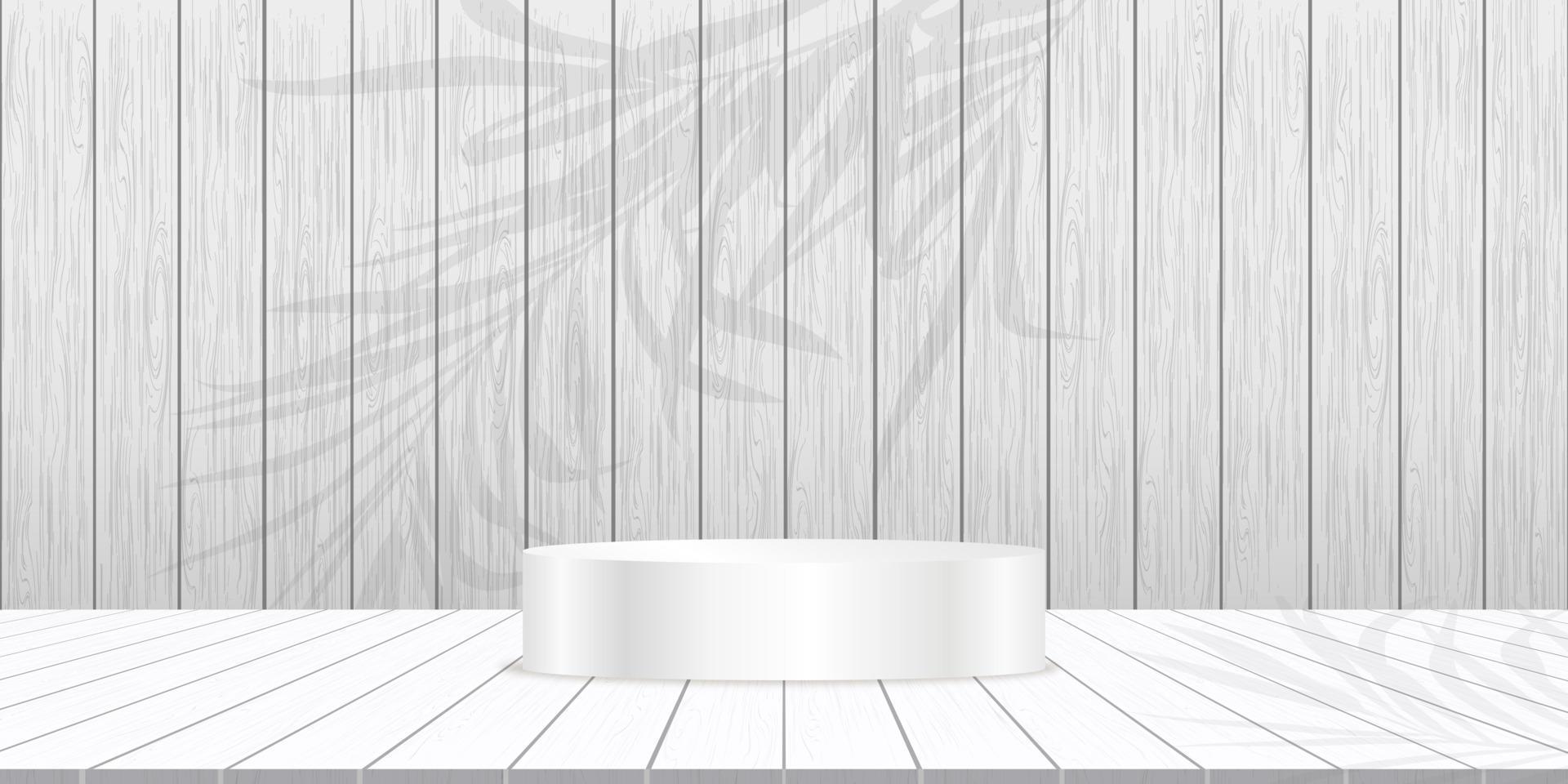 White Wood texture background,3d Podium on Wooden panel studio room,Empty Display Room Grey washed wooden striped with Table top with palm leaves shadow, Backdrop background for Holiday Promotion,Sale vector