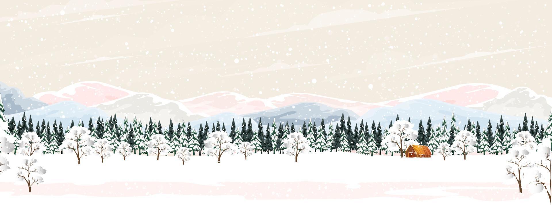 Winter forest landscape with Wood Barn,Fir Trees and Pines in Snowy day.Vector cartoon horizon coniferous forest with snow falling at night,Backdrop background banner for Christmas,New Year Decoration vector