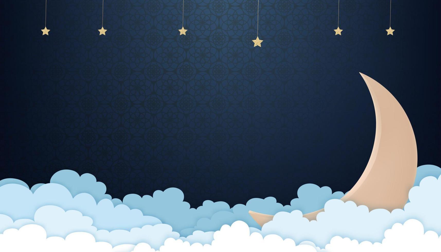 Ramadán kareem fondo, horizonte rebaja encabezado, comprobante modelo con creciente luna, 3d papel cortar nube y estrella en islámico, árabe modelo en azul fondo.vector tradicional linternas o sitio para texto vector