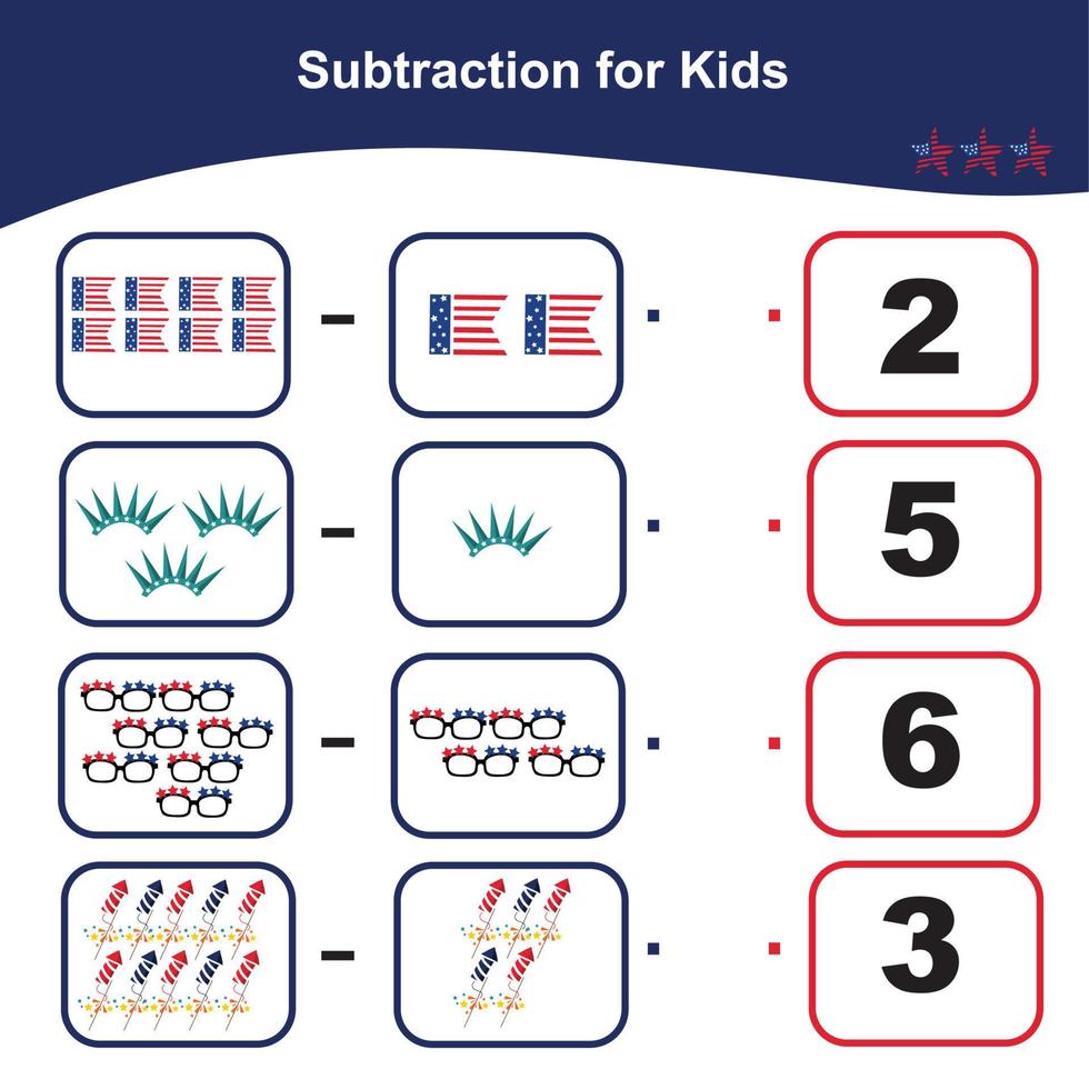 Counting activity for children. Matching the image with the answer. Mathematic subtraction worksheet for kids. Vector file.