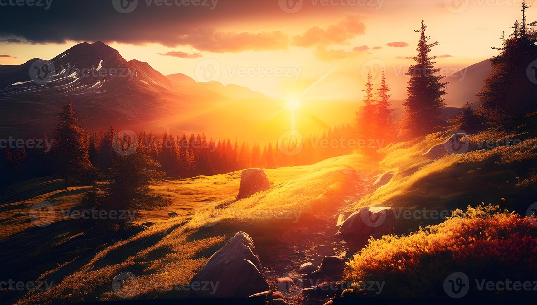 Aerial View of a Mountain Road Meandering Through a Forest of Pine Trees, with Golden Sunlight