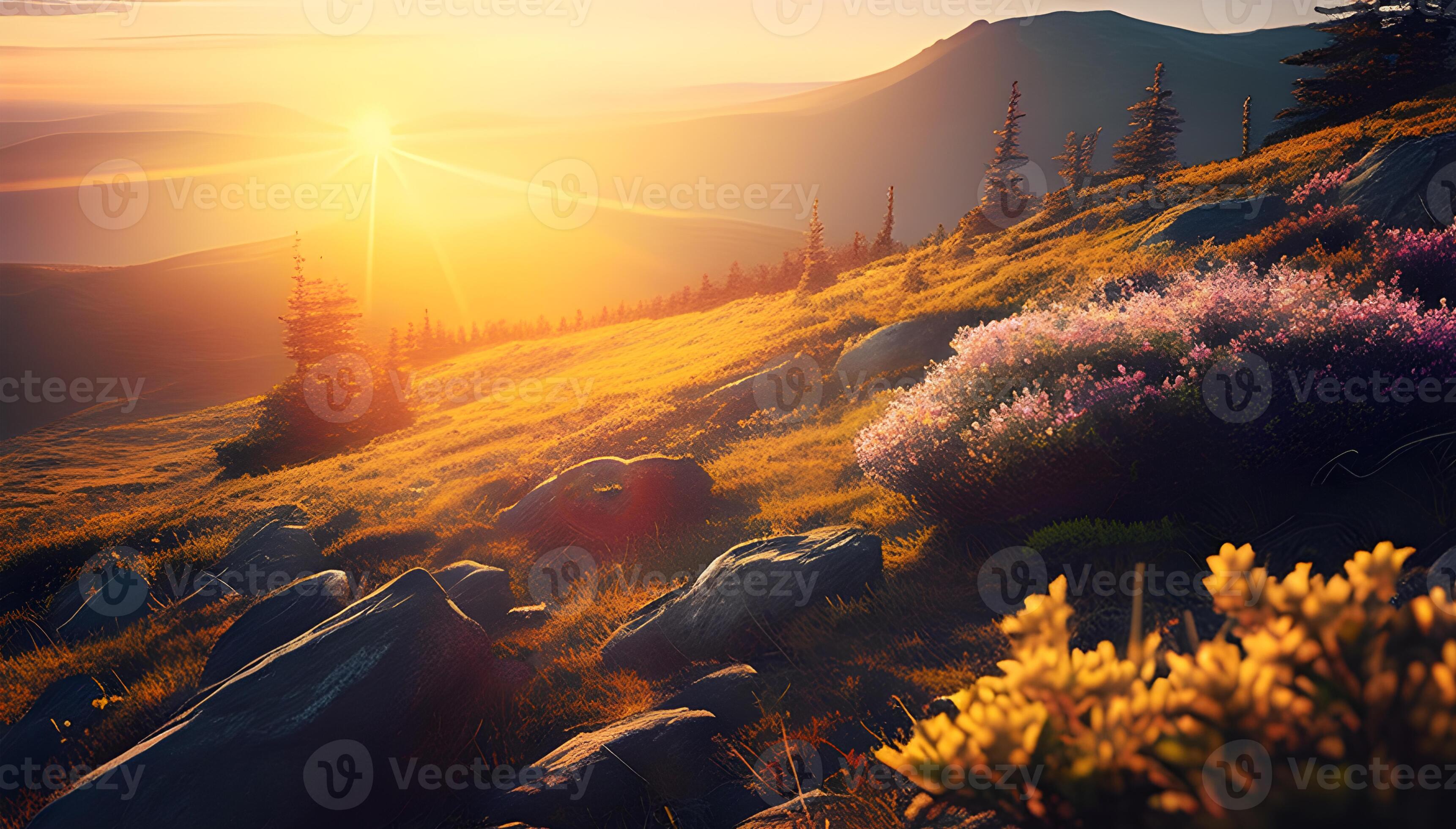 Aerial View of a Mountain Road Meandering Through a Forest of Pine Trees, with Golden Sunlight