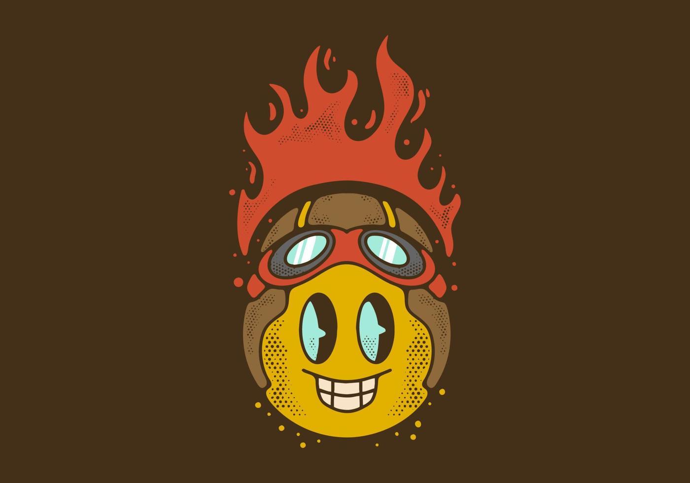 Vintage art illustration of yellow ball character wearing pilot helmet with fire flames vector