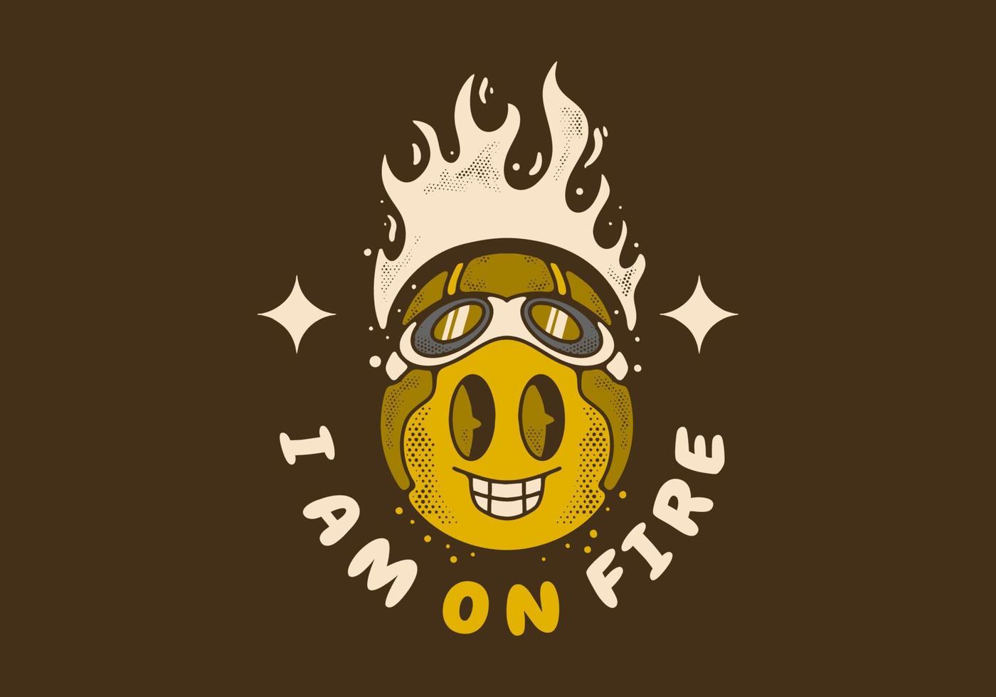 Vintage art illustration of yellow ball character wearing pilot helmet with fire flames vector