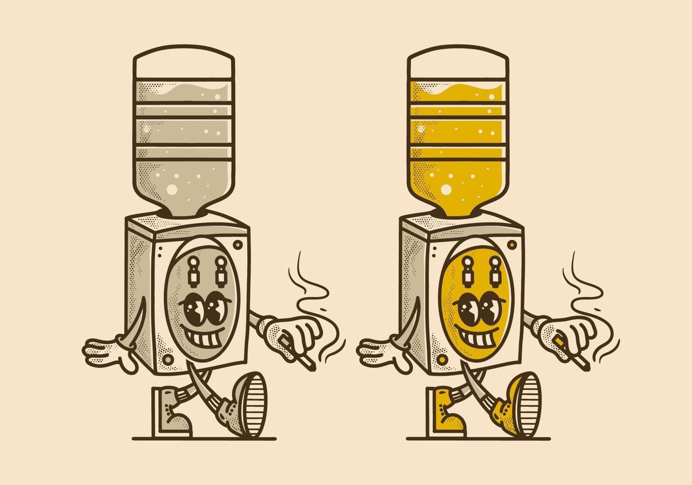 Vintage mascot character of walking dispenser and gallon vector