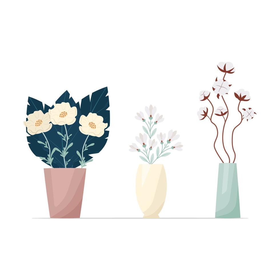 Set of flowers in boho style vases. Composition of flowers vector illustration. Bouquets of tricots, cotton, various decorative leaves and twigs