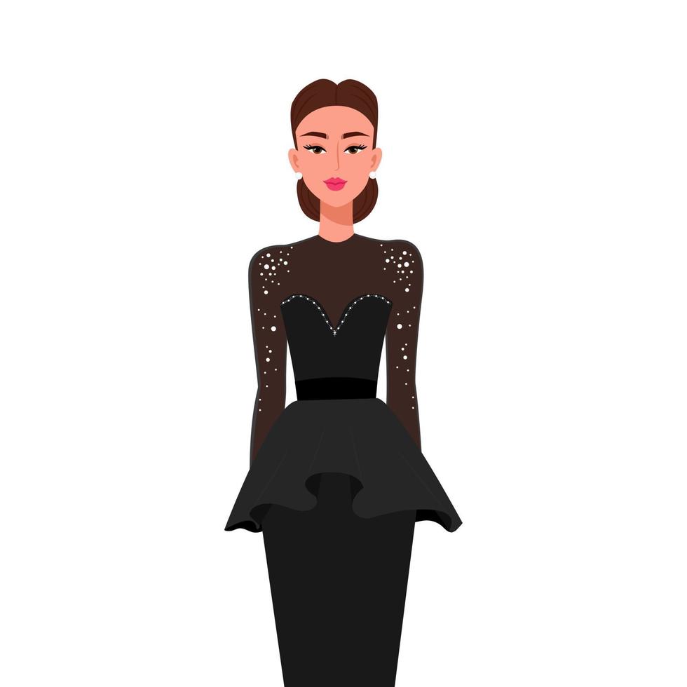 A lady in a black evening dress with a bun hairstyle. Modern stylish woman. Vector illustration in flat style