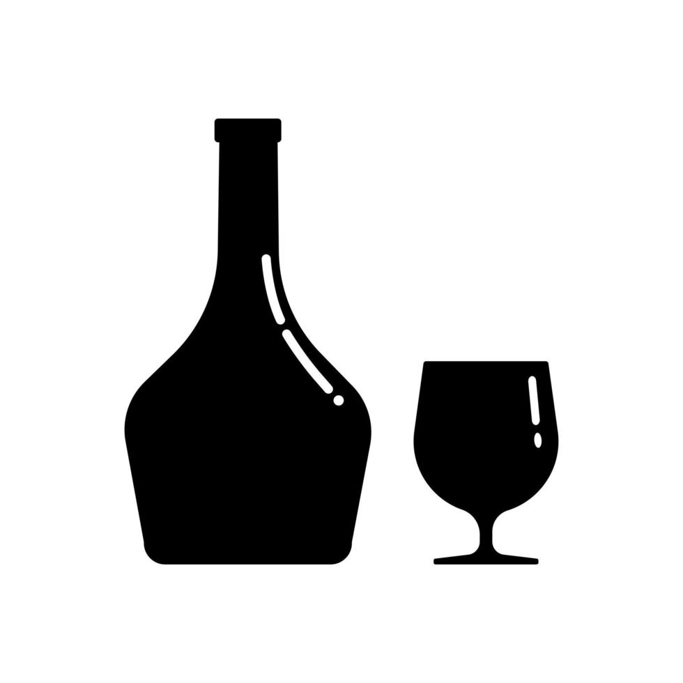 Set of alcohol bottle and glass silhouettes. Vector clip art isolate on white. Simple minimalist illustration in black color