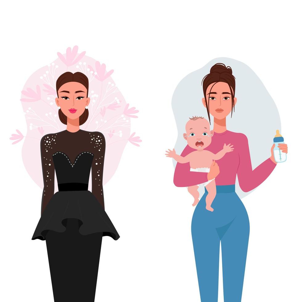 Childfree concept, Tired woman with crying baby in arms and Beautiful and well-groomed woman in evening dress with make-up. Flat vector illustration