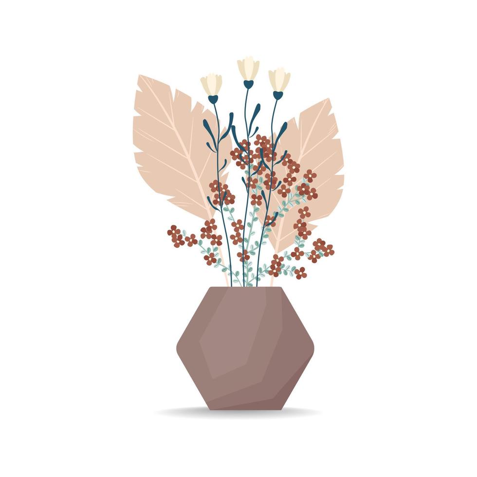 Bouquet of flowers in a vase. Vector illustration in flat style, boho. Blooming carnation flowers, decorative leaves