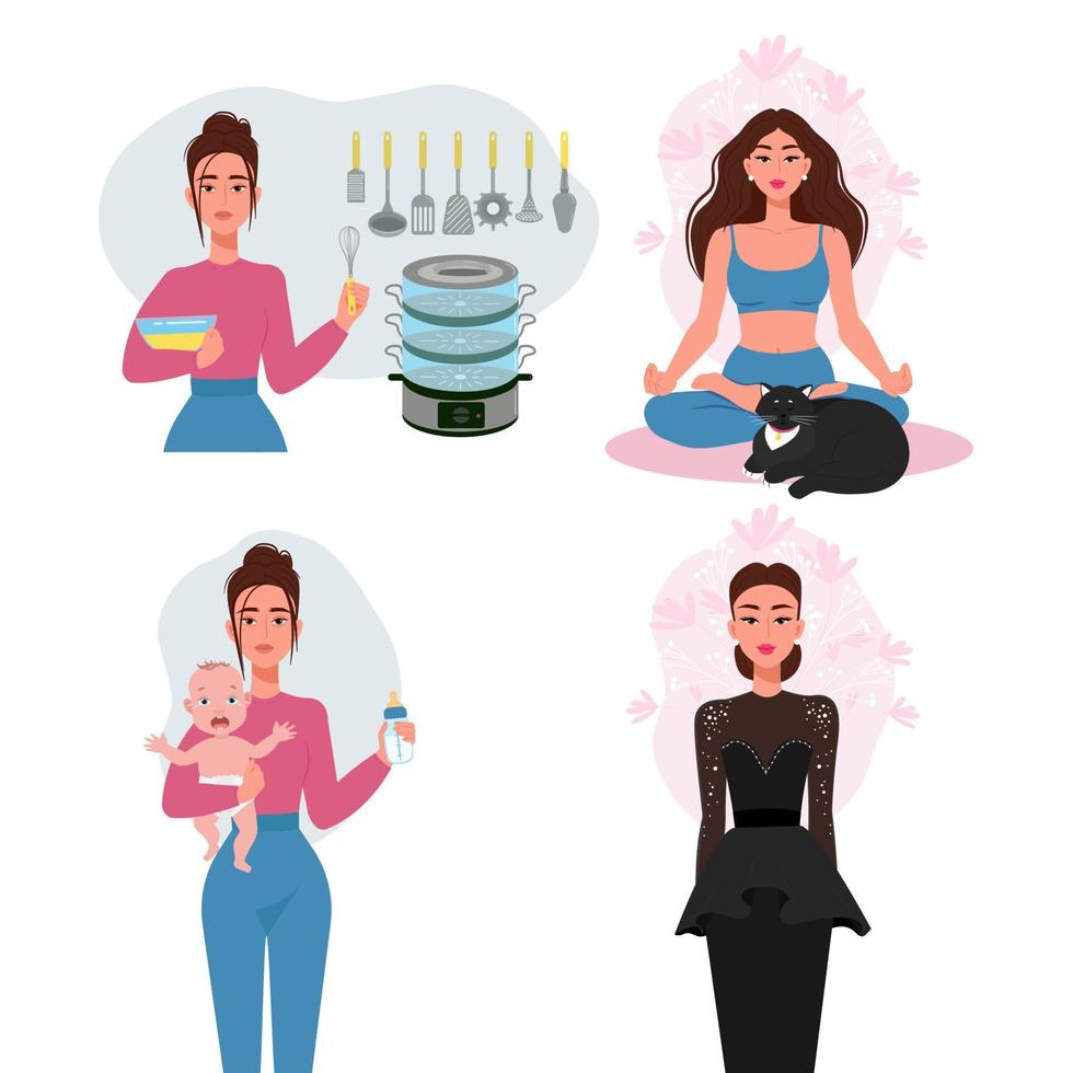 Childfree concept, Woman tired of housework and baby care. A beautiful and well-groomed woman in harmony with herself. Vector flat illustration