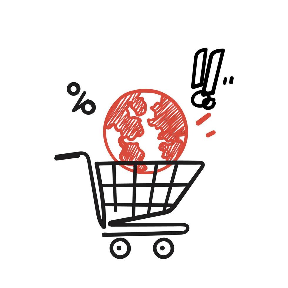 hand drawn doodle globe in shopping cart illustration vector