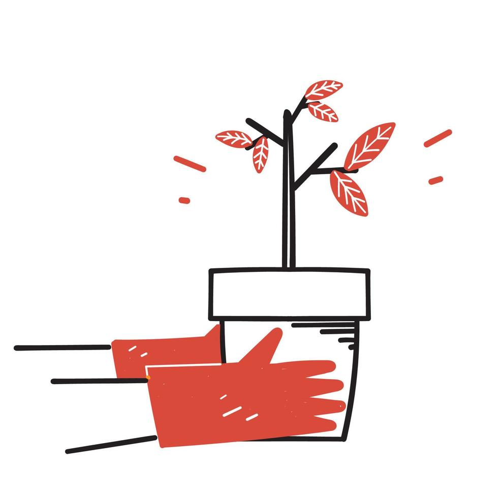 hand drawn doodle gardening person holding potted plants vector