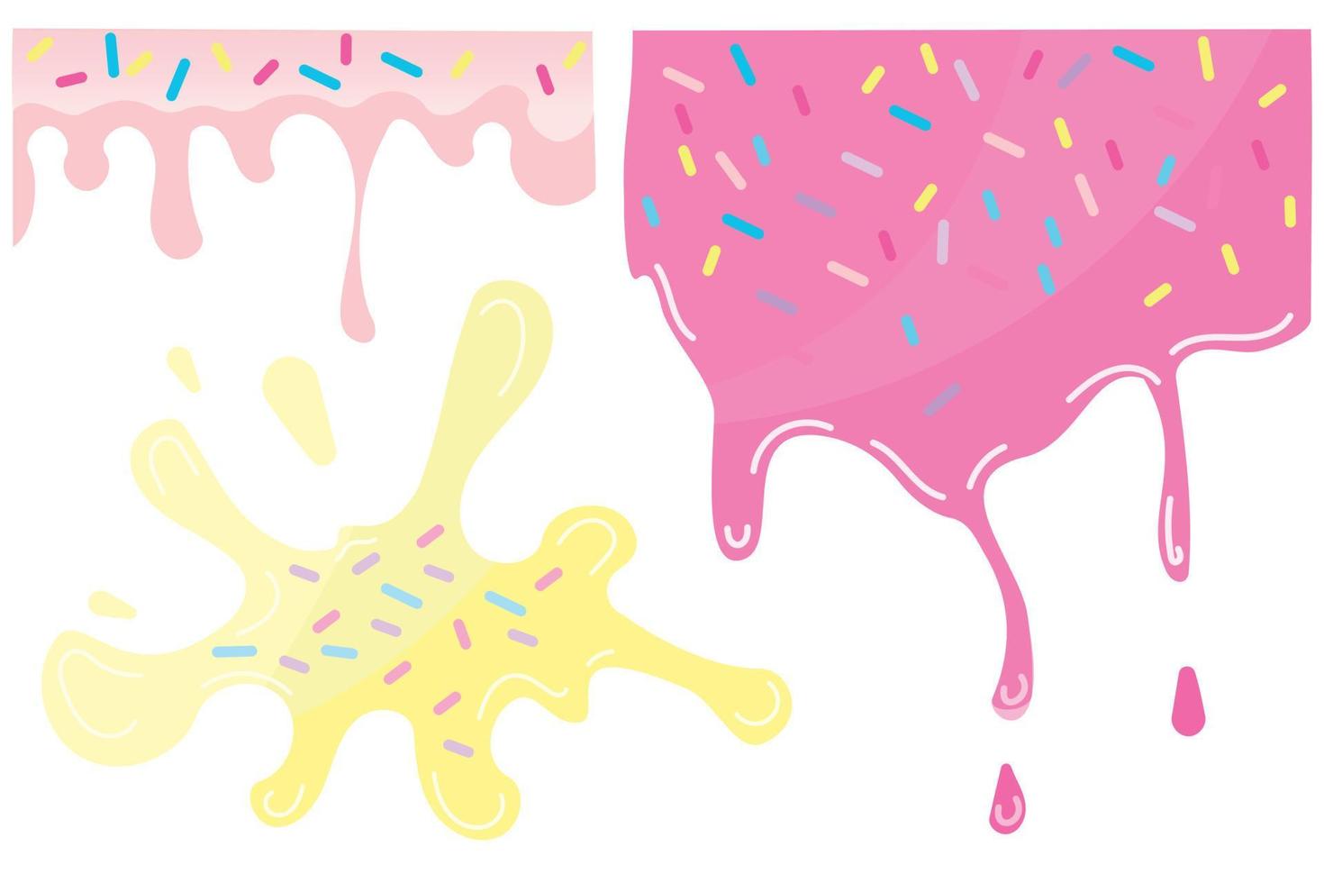 Yellow soft ice cream, splashes of sweet candies, pink long border, seamless banner pattern, vector white background