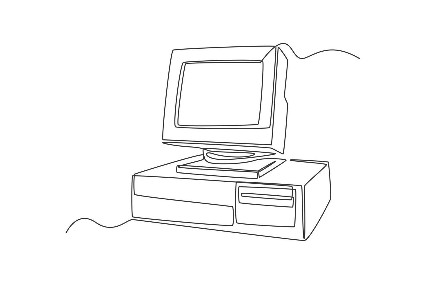 Continuous one-line drawing classic 70s computer. 70s style concept single line draws design graphic vector illustration