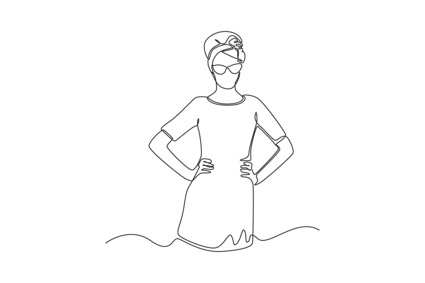 Continuous one-line drawing of a woman wearing 70s-style clothes while posing. 70s style concept single line draws design graphic vector illustration