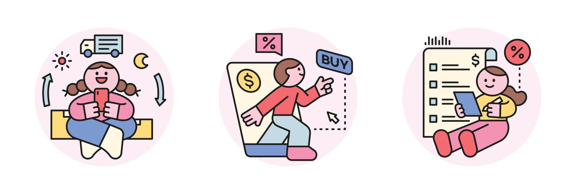 Online internet live commerce. People shopping on mobile and computer. Fast delivery, smartphone and shopping list. vector