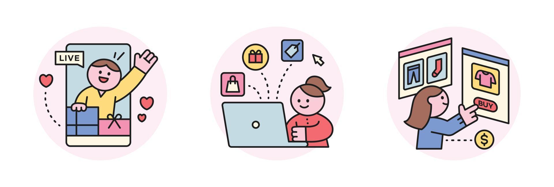Online internet live commerce. People shopping on mobile and computer. Welcome and computer and web shopping page. vector