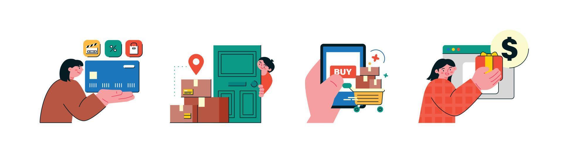 Online internet live commerce. People shopping on mobile and computer. Credit card and door delivery and mobile payments and web shopping. vector