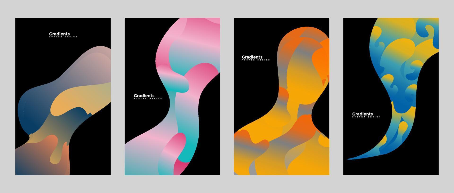 Abstract black poster collection with colorful gradient geometric shapes. Cover set in minimal style. Neon glow backgrounds. Ideal for banner, music party invitation, club flyer. Vector illustration