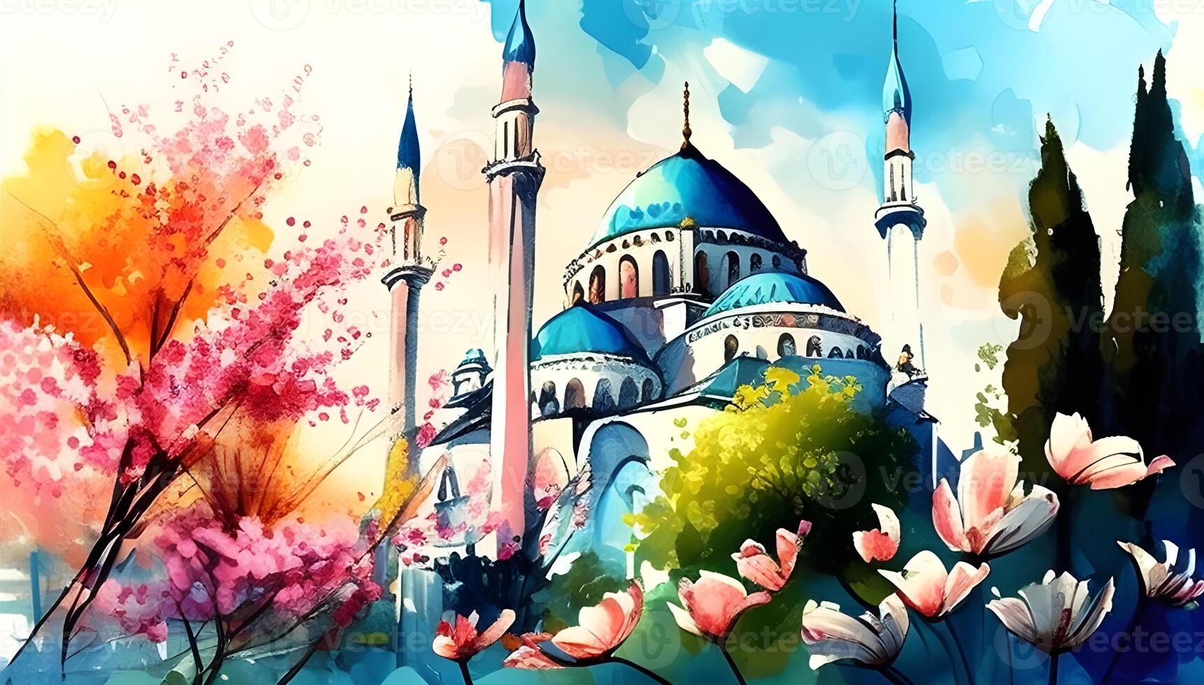 Watercolor spring landscape design with Trees, and flowers. photo