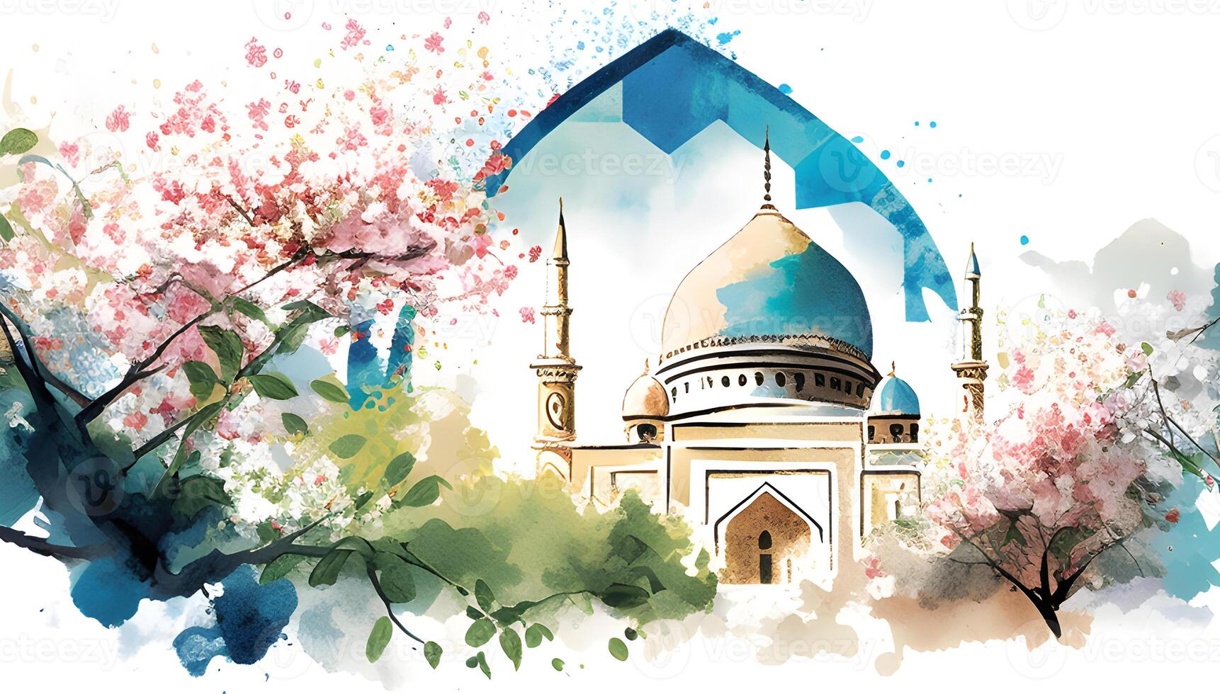 Watercolor spring landscape design with Trees, and flowers. photo