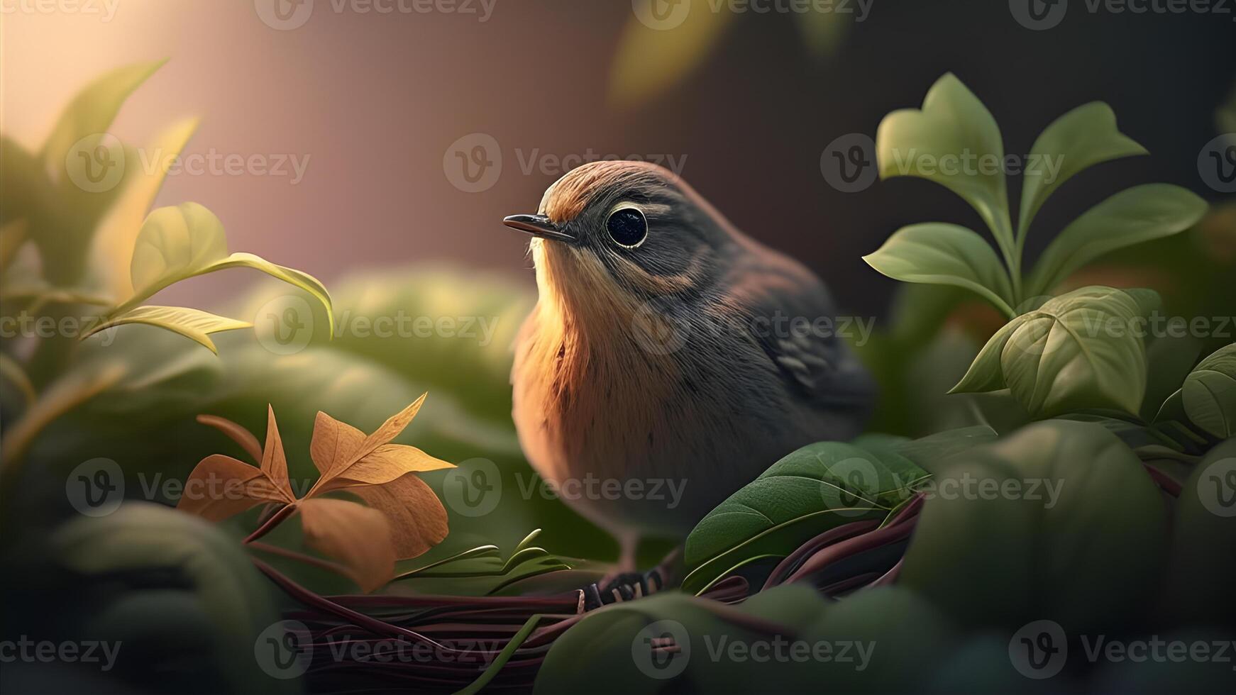 A Small Bird with a Vibrant Head Perched on a Leafy Tree Branch in a Green Forest. . photo