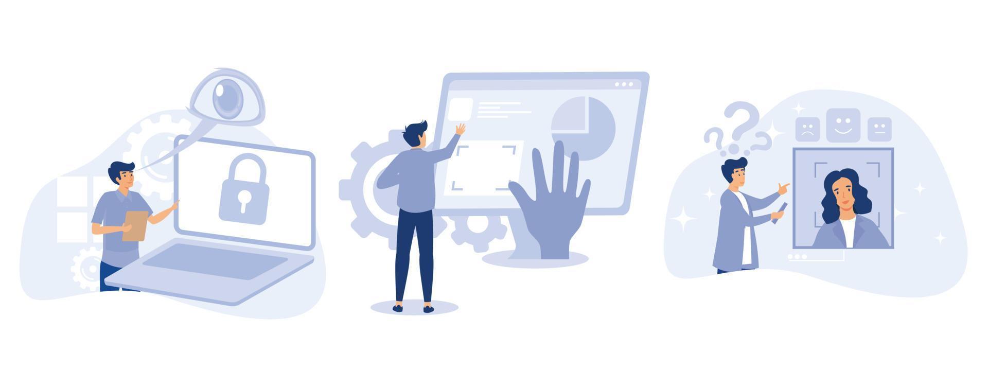 Sensor technology concept , Eye tracking technology, gesture recognition, emotion detection, hands-free control, motion sensing device, set flat vector modern illustration