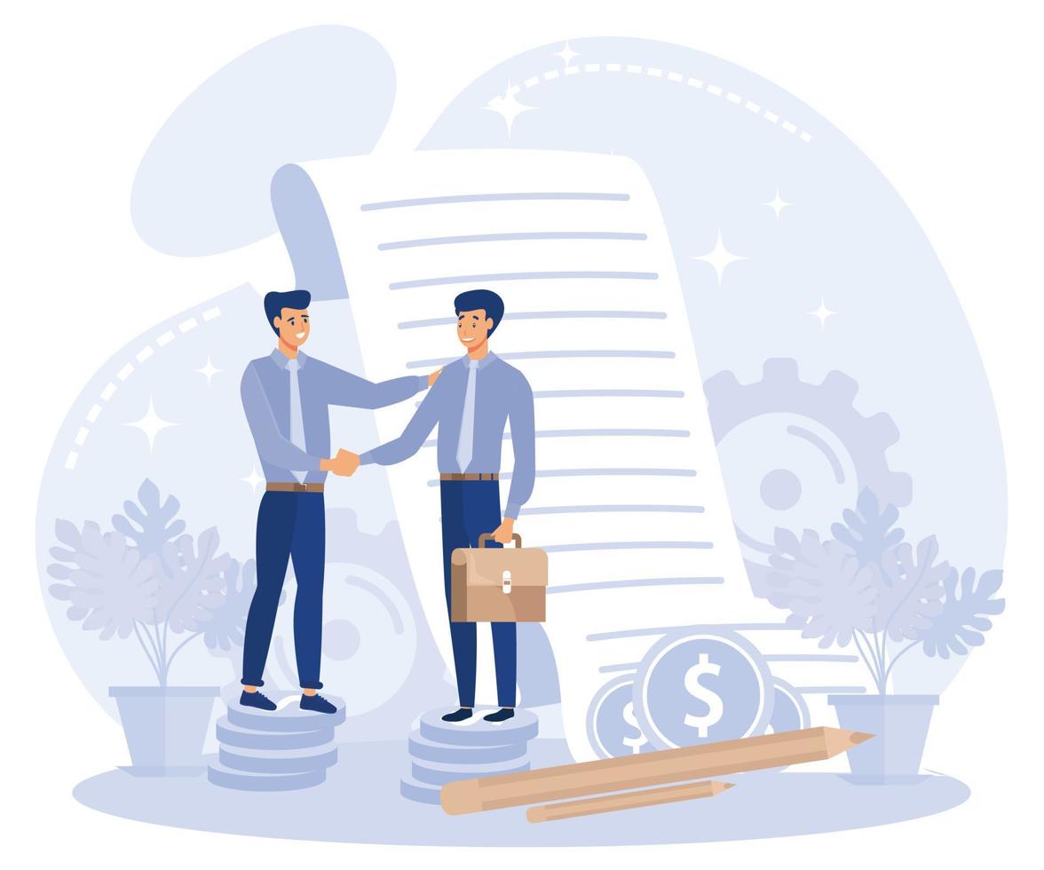 Venture funding concept, partners signing contract, making deal, flat vector modern illustration