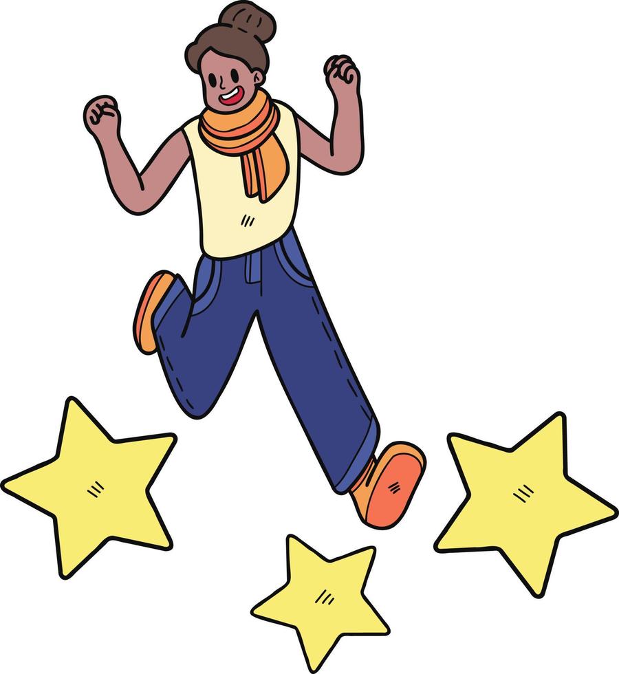 Businesswoman jumping with stars illustration in doodle style vector