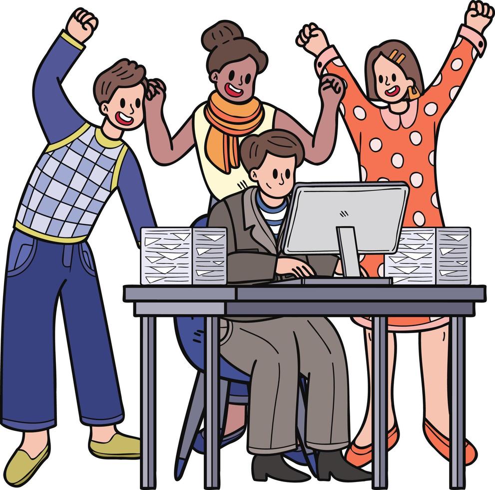 Team of business women rejoicing in success illustration in doodle style vector