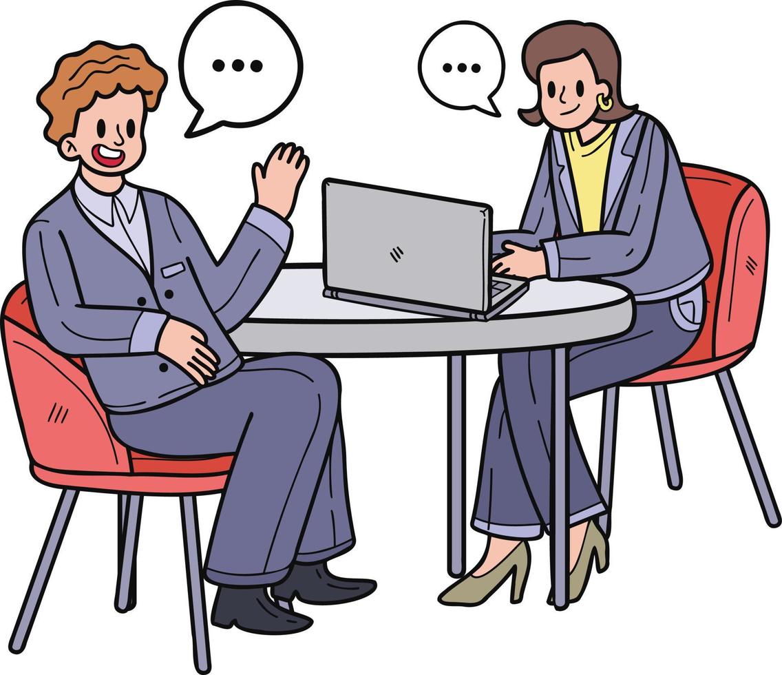 Businesswoman sitting and discussing work on the desk illustration in doodle style vector