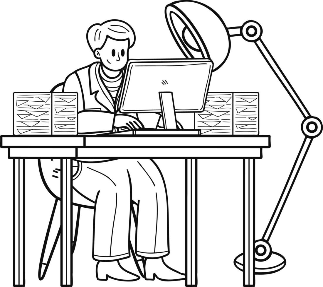 business man sitting and working at computer illustration in doodle style vector