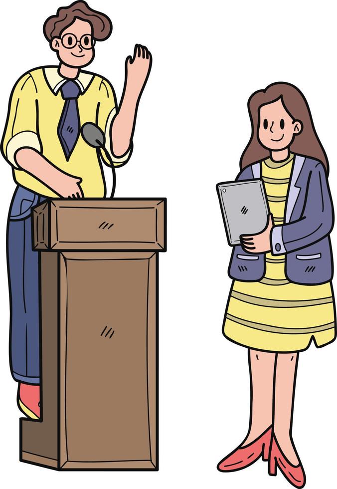 Business team presenting on the podium illustration in doodle style vector