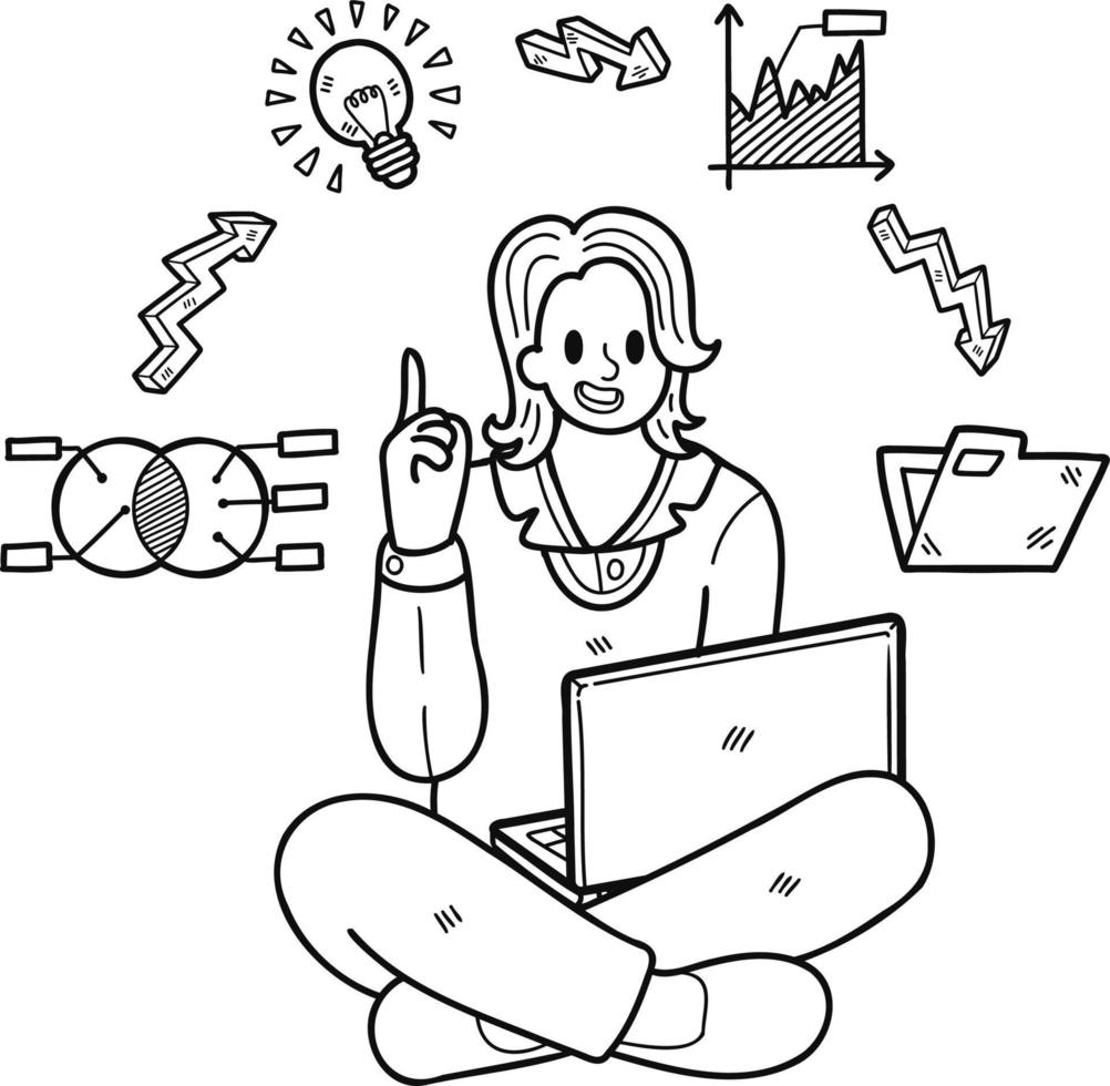 Businesswoman doing multitasking illustration in doodle style vector