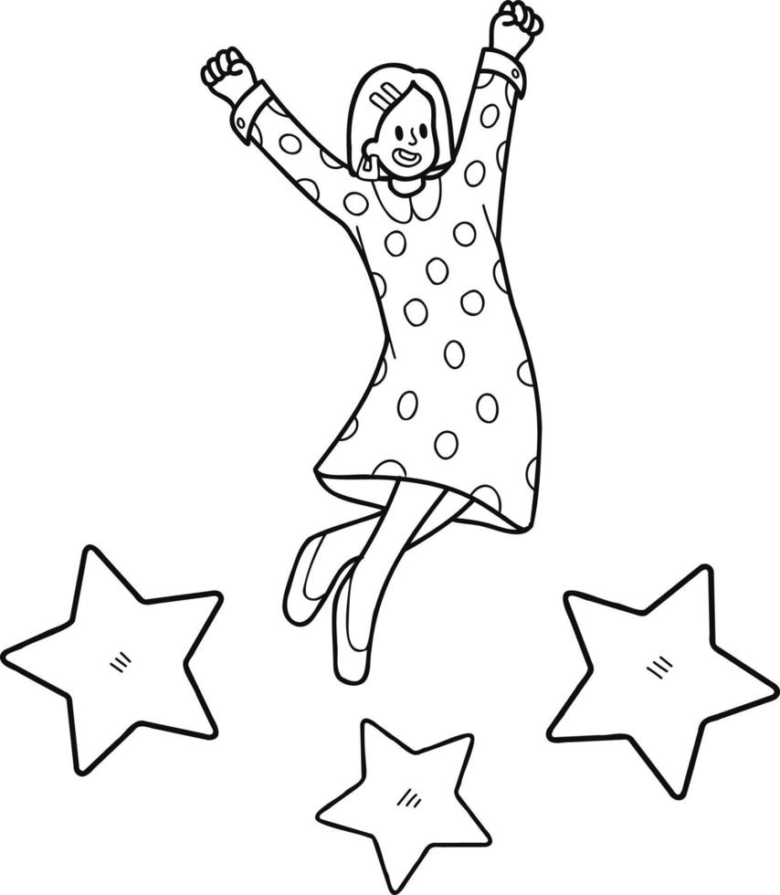 Businesswoman jumping with stars illustration in doodle style vector