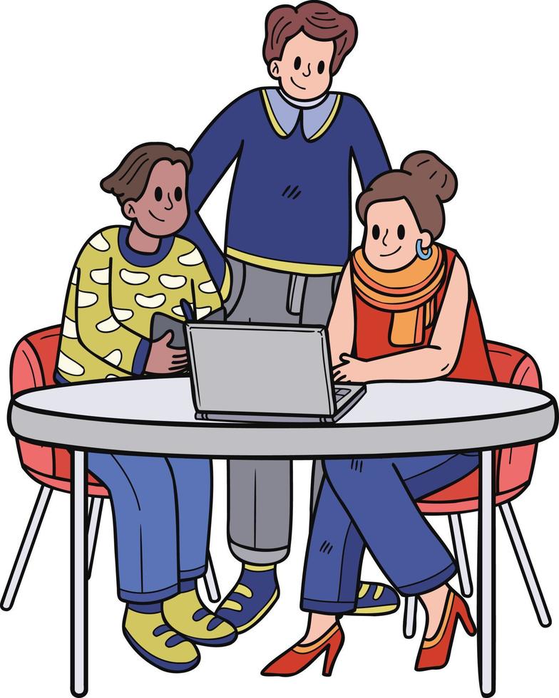 Business team consulting with laptop illustration in doodle style vector