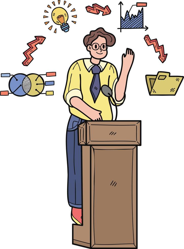 businessman presenting on the podium with confidence illustration in doodle style vector