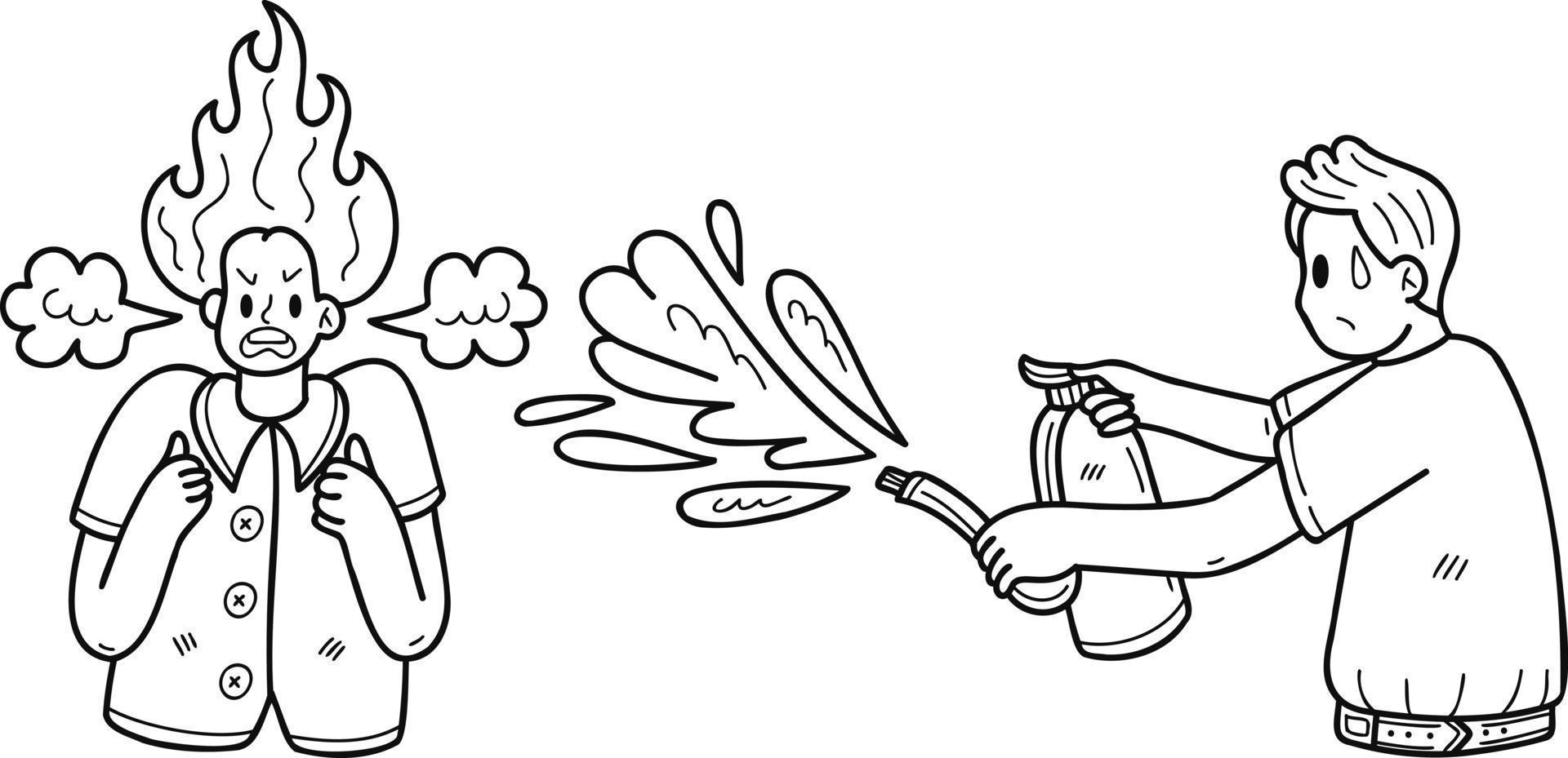 Angry business woman with a young man helping to extinguish the fire illustration in doodle style vector