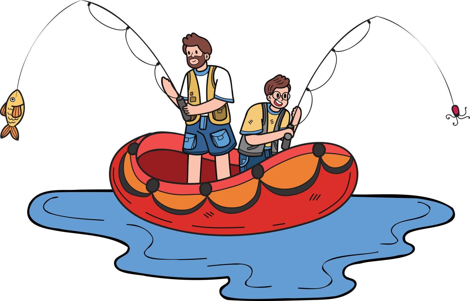 father and son fishing on a boat illustration in doodle style vector