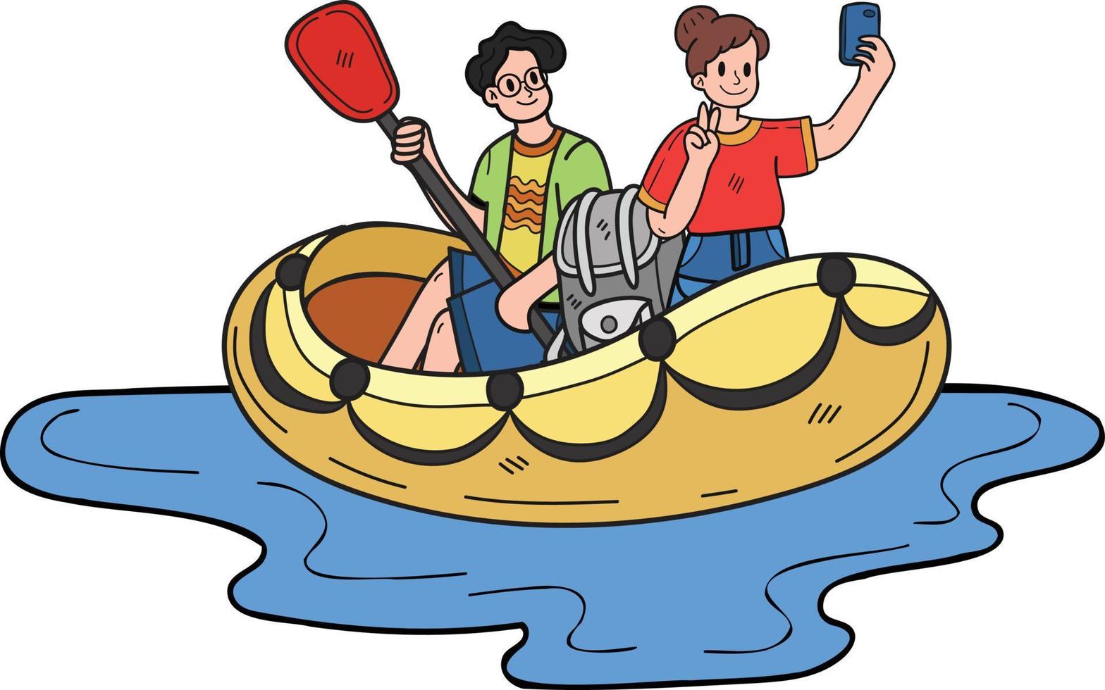 couple taking selfie on boat illustration in doodle style vector