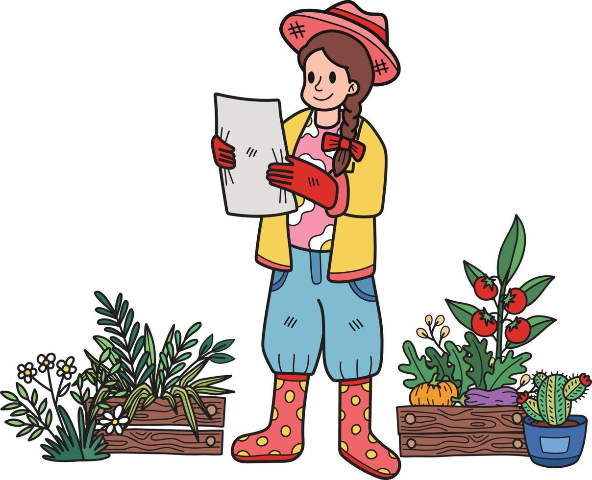Female gardener planning to plant a tree illustration in doodle style vector