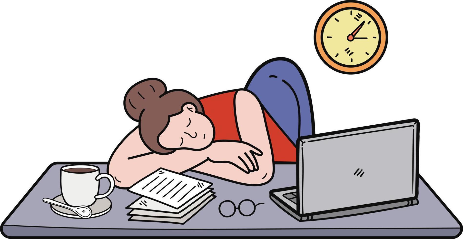 business woman resting on the desk illustration in doodle style vector