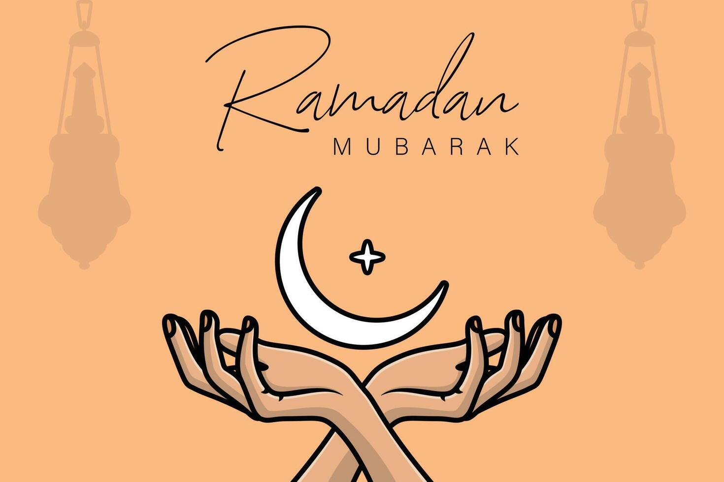 Ramadan Kareem greeting with crescent moon in hand vector illustration. Ramadan icon concept. Ramadan lantern lamp and moon icon design. Ramadan Kareem vector greeting card design.