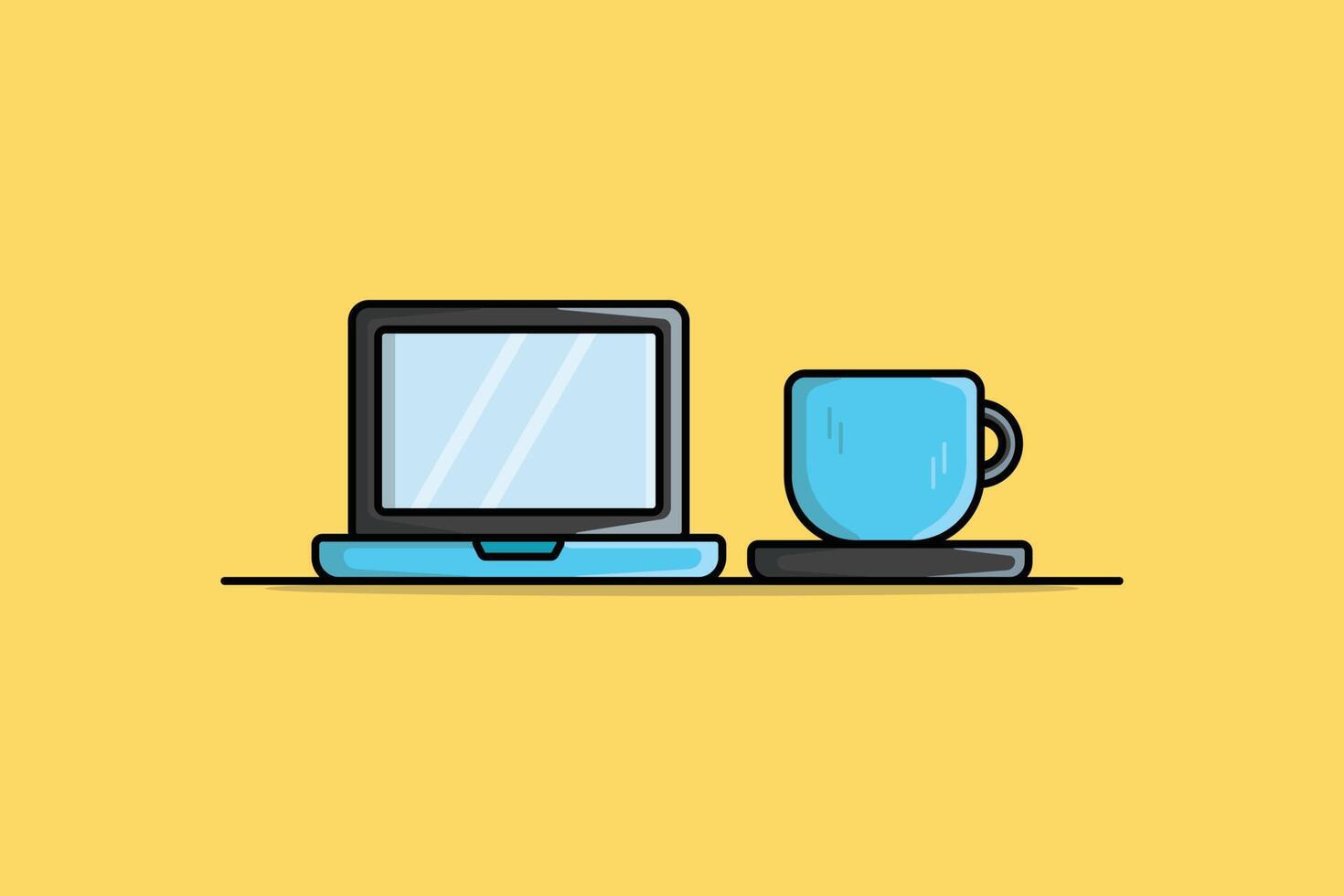 Laptop with Coffee Cup vector illustration. Technology and drink objects icon concept. Workspace with laptop and coffee cup vector design with shadow isolated on yellow background.