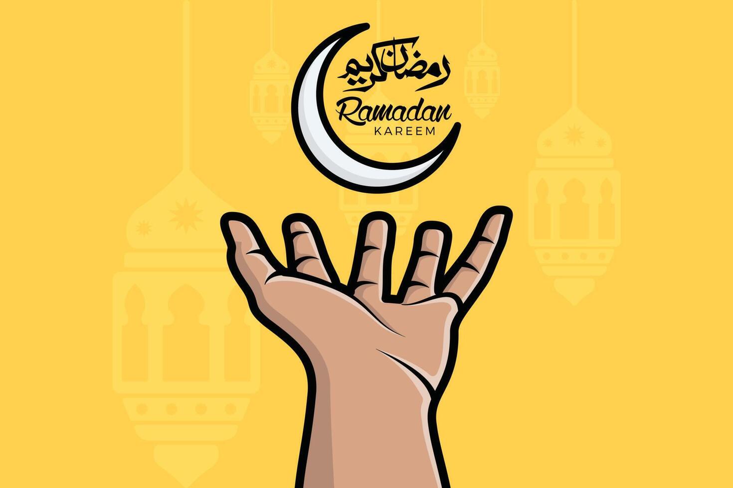 Ramadan Kareem greeting with crescent moon in hand vector illustration. Islamic holiday icon concept. Ramadan lantern lamp and moon icon design. Ramadan Kareem vector greeting card and poster design.